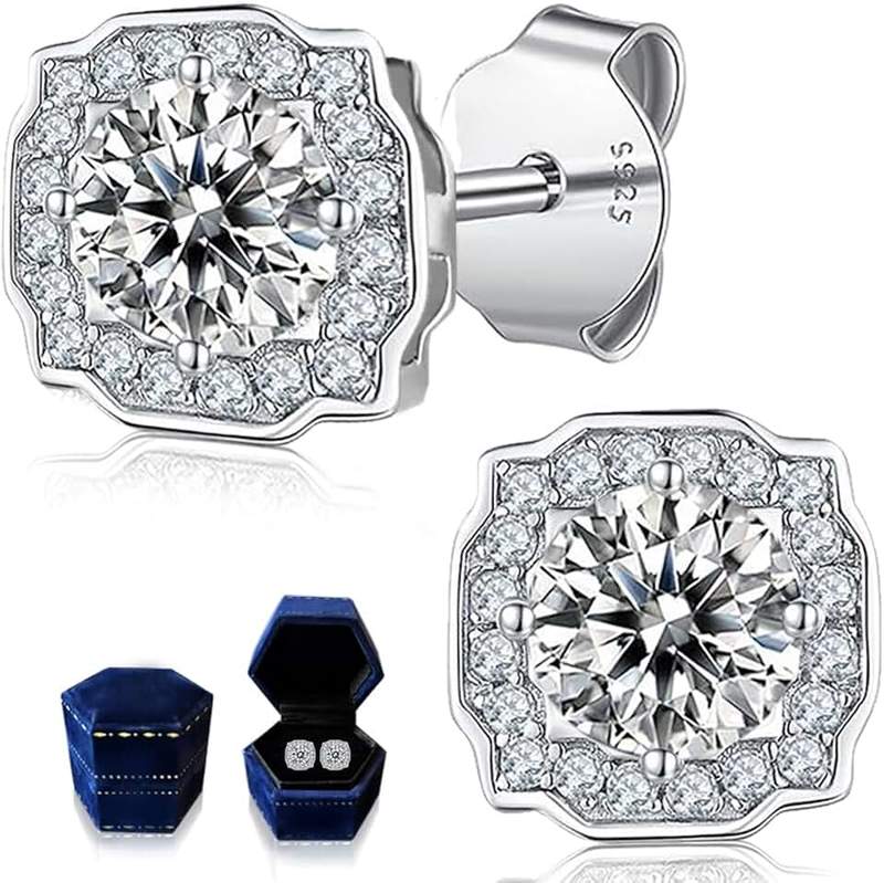 FEIKFEIZ Ladies Moissanite earrings, 1CT Moissanite diamonds, lab-created, 925 silver plated with 18K white gold, silver studs, jewelry gift.