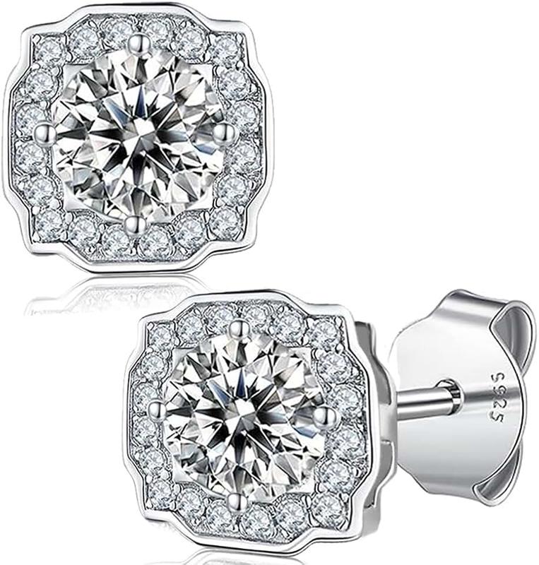 FEIKFEIZ Ladies Moissanite earrings, 1-0.5CT Moissanite diamonds, lab-created, 925 silver plated with 18K white gold, silver studs, jewelry gift.