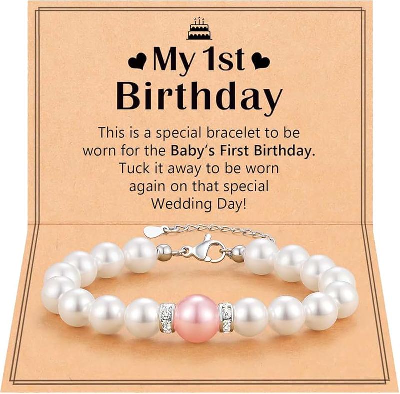 Plorede 1st Birthday Gifts for Girls, Adjustable Pearl Bracelet for 1 Year Old Girl, Adjustable Baby Bracelet for Girls with Message Card, Daughter Granddaughter Niece First Birthday Gifts