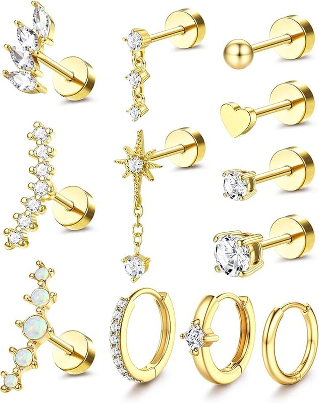 YADOCA 20G Helix Piercing Jewelry Flat back Cartilage Earrings for Women Hypoallergenic Surgical Steel Gold Cartilage Hoop Earring Set Daith Tragus Conch Flat Back Stud Earrings