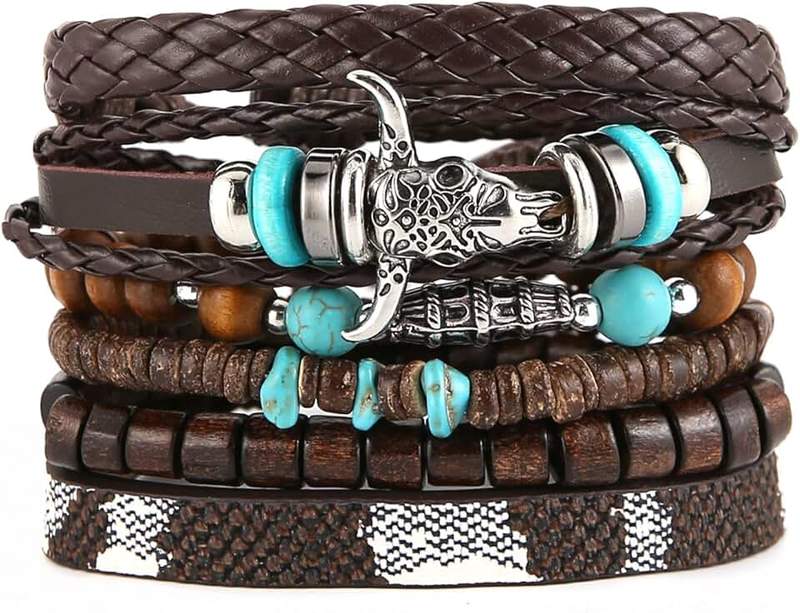 HZMAN Handmade Braided Leather Bracelet for Men Women Adjustable Bohemian Ethnic Tribal Multilayer Wooden Beaded Hemp Rope Wristbands Wrap Cuff Bracelet