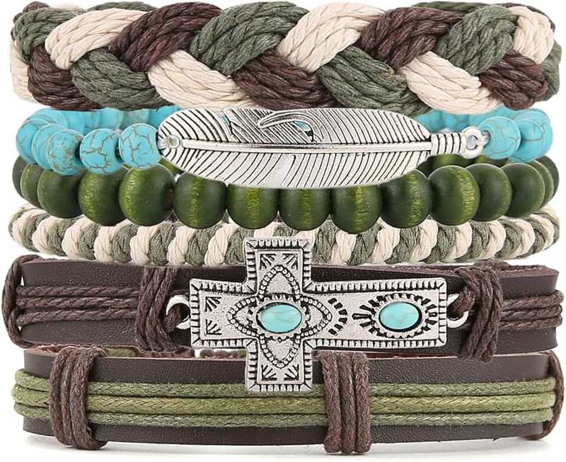 HZMAN Handmade Braided Leather Bracelet for Men Women Adjustable Bohemian Ethnic Tribal Multilayer Wooden Beaded Hemp Rope Wristbands Wrap Cuff Bracelet