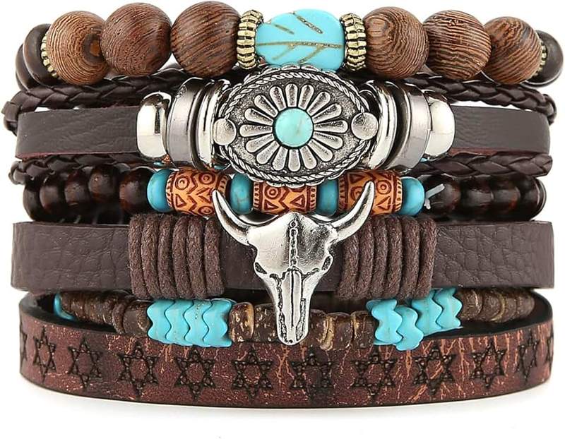 HZMAN Handmade Braided Leather Bracelet for Men Women Adjustable Bohemian Ethnic Tribal Multilayer Wooden Beaded Hemp Rope Wristbands Wrap Cuff Bracelet