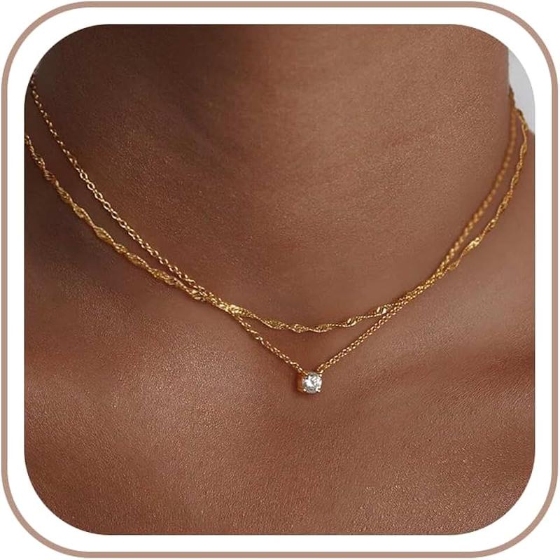Treasure Bender Dainty Gold Necklace for Women Non Tarnish Layered 14k Diamond Pendant Charm Gold Plated Necklaces CZ Trendy Zirconia Chain Choker Necklace Stack Gold Jewelry for Women Birthday Gift