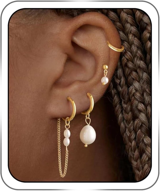 ShineRose 4Pairs Pearl Dangle Earrings Stacks For Women Trendy Drop Chain Set Multiple Piercing Dainty 14K Gold Silver Jewelry