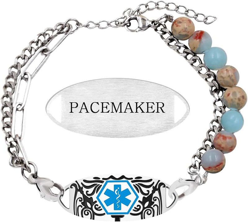 Oneress Waterproof Medical Alert Bracelet, Adjustable Stone Beaded with Stainless Steel Tag Diabetic Jewelry Eliquis Alert Bracelets for Women YA5493