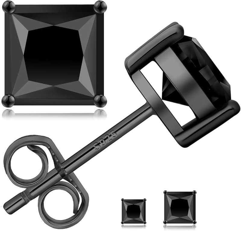 KRKCLIFE Black Moissanite Earrings for Men, Lab Created Diamond Stud Earrings Princess Cut,925 Sterling Silver,D Color VVS1,Hypoallergenic 14K Gold Friction Back Earrings Jewelry for Men Women Gift