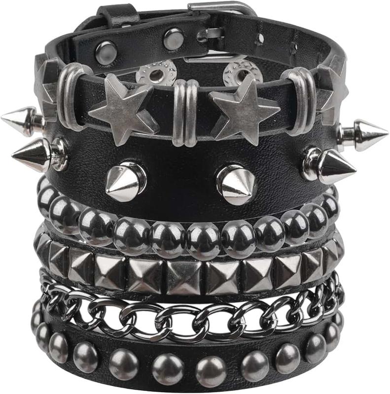 Molirex 4 Pcs Punk Rock Studded Bracelet Set Leather Cuff Bracelets for Men Women 80s Emo Goth Accessories
