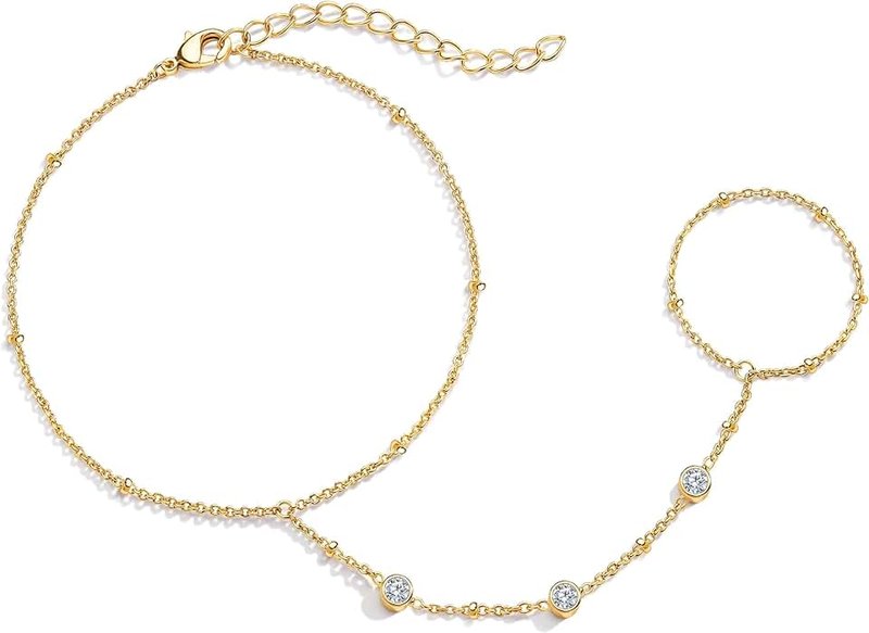 Auzrastia Dainty Gold Hand Chain Bracelet for Women - Trendy 14K Gold Plated Finger Ring with Sparkling 4mm Cubic Zirconia, Adjustable Hand Cuff Fashion Minimalist Layered Jewelry Gift for Her