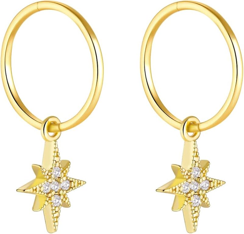 Serenity Sleepers 24K Gold Plated 925 Solid Sterling Silver Sleeper Huggie Hoop Charm Earrings For Women | Starburst Star | Dainty Zirconia Earrings