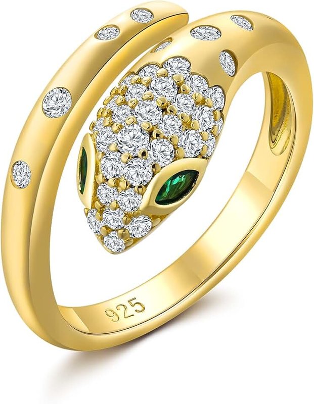CAIDIKA Fashion Snake Ring for Women 14K Gold Plated/925 Sterling Silver Created Emerald Statement Open Design Rings 6-10 Size Cocktail Party Birthday Jewelry