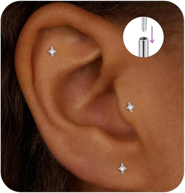 ShineRose Flat Back Stud Cartilage Tragus Helix Nose Piercing Earrings Jewelry For Women Conch Threadless 18G Titanium Surgical Steel Hypoallergenic 14K Gold plated CZ Silver Small Tiny Studs