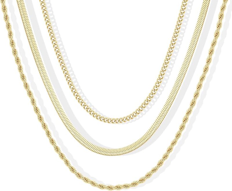 GoldGifts Gold Necklaces Stack for Women Non Tarnish, Dainty 14k Gold Plated Layered Gold Herringbone Necklace Trendy, Layering Rope Cuban Chain Gold Choker Necklaces Set Fashion Jewelry Set Gift