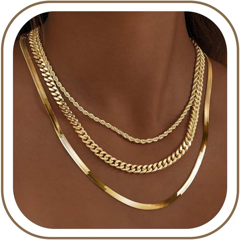 GoldGifts Gold Necklaces Stack for Women Non Tarnish, Dainty 14k Gold Plated Layered Gold Herringbone Necklace Trendy, Layering Rope Cuban Chain Gold Choker Necklaces Set Fashion Jewelry Set Gift