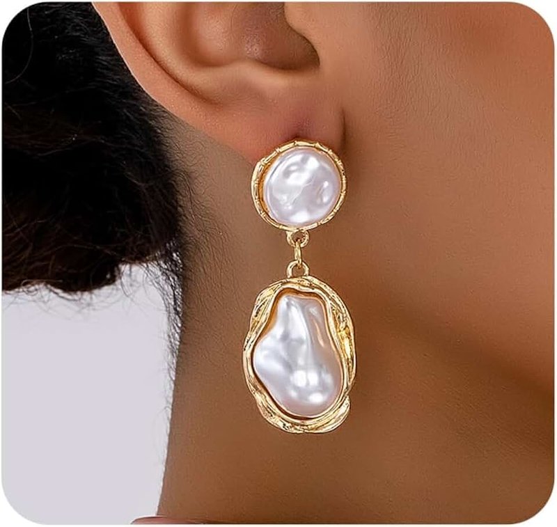 Navirix Gold Pearl Statement Earrings for Women,Vintage Large Baroque Pearl Dangle Drop Earrings,Trendy Formal Prom Party Bride Earrings for Wedding