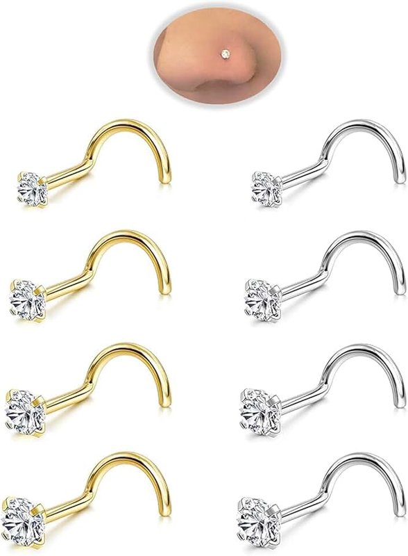 Accirrch Nose Rings Studs Set for Women Men: Hypoallergenic 8Pcs 18G 20G 22G Gold/Silver 316L Surgical Stainless Steel Nose Studs Corkscrew Nose Piercing Jewelry Imitation Diamond Small CZ 1.5mm 2mm 2.5mm 3mm