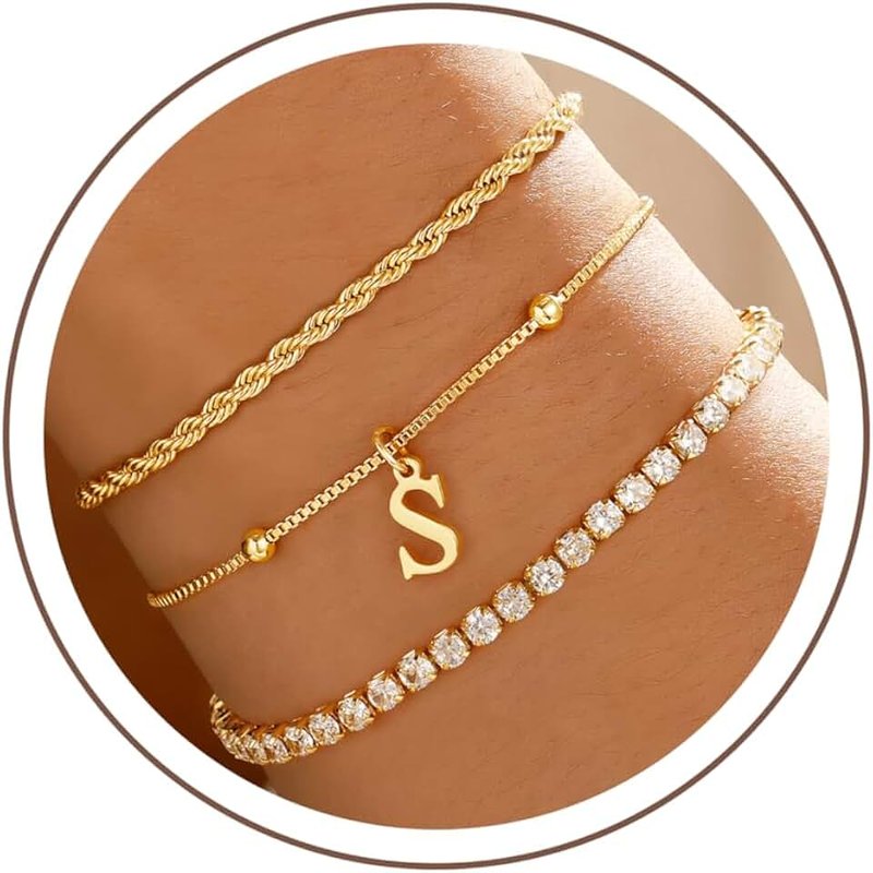 JIAOGE Gold Bracelets for Women Girls - Dainty Gold/Silver Bracelet Stack Jewelry Set Personalized Initial Bracelets Cute Stackable Rope Box Chain Tennis Bracelets Gifts for Women Teen Girl Gifts