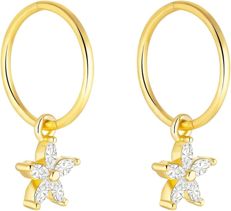 Serenity Sleepers 24K Gold Plated 925 Solid Sterling Silver Sleeper Huggie Hoop Charm Earrings For Women | Flower | Dainty Zirconia Earrings