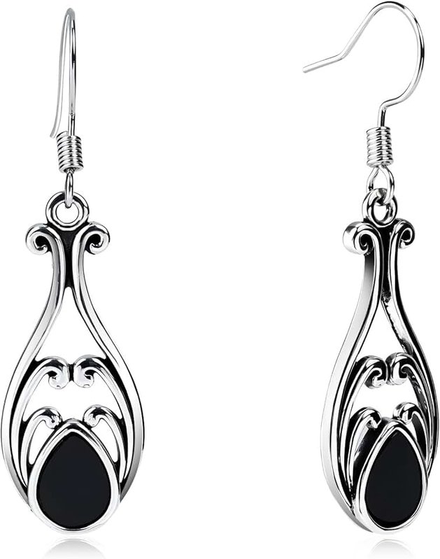 Teppdfann Vintage Black Dangle Earrings for Women – Elegant Teardrop Earrings with Carving Detailing, Black and Silver Jewelry Featuring Oval Black Onyx Gemstone for Gift