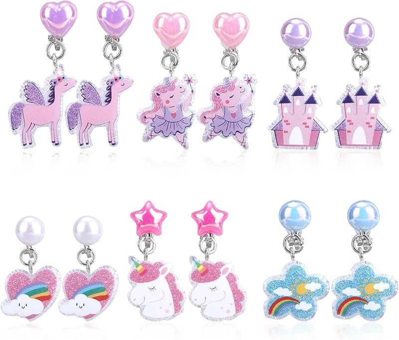 Mikovivi 6 Paar Ohrclips für Mädchen, Ohrstecker-Set Ohne Ohrloch mit Ohrpolstern Süßes Schmetterlings-Kaninchen-Regenbogen-Design Ohrclips für Kinder Ohne Loch Schmuck als Geschenk