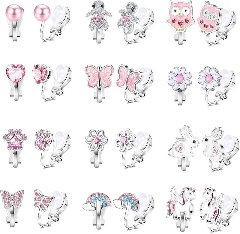 FIOROYAL 12 Pairs Kids Clip On Earrings for Girls Hypoallergenic Cute Butterfly Rainbow Flower Pearl Star Non Pierced Clip on Earring Girls Earrings Dress Up Birthday Christmas Gifts