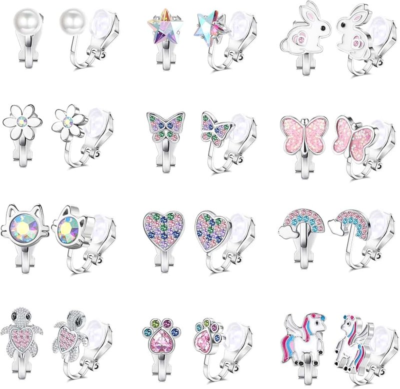 FIOROYAL 12 Pairs Kids Clip On Earrings for Girls Hypoallergenic Cute Butterfly Rainbow Flower Pearl Star Non Pierced Clip on Earring Girls Earrings Dress Up Birthday Christmas Gifts