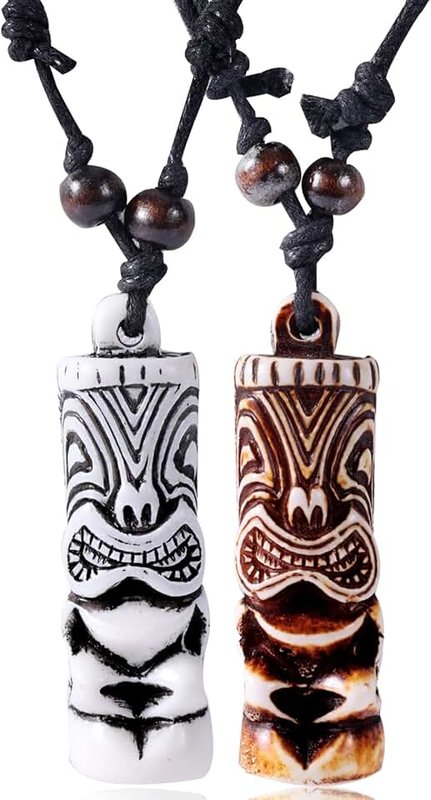 2pcs Hawaiian Protection Amulet, Handmade Adjustable Polynesian Tribal Beach Lucky Pendant Necklace Set Tiki Fish Hook Sea Turtle Shark Tooth Wolf Tooth Carved Pendant (White, Brown)