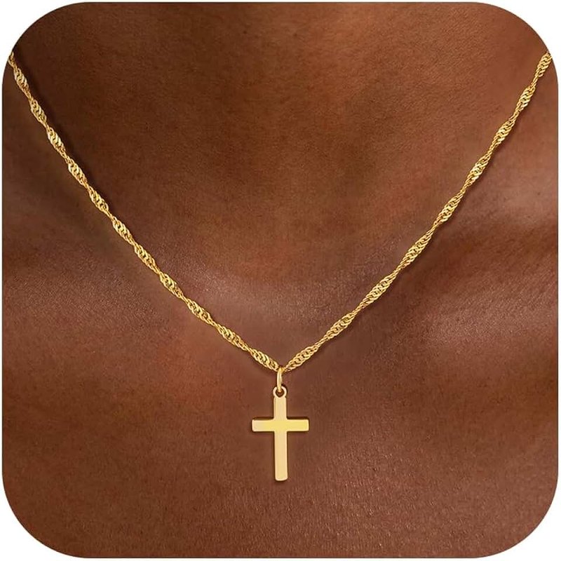 Fezodo Cross Necklace for Women Trendy - Dainty 18K Real Gold Plated Minimalist Cross Necklace Non Tarnish Waterproof Trendy Cute Simple Small Necklaces Easter Christian Religious Faith Jewelry Gifts