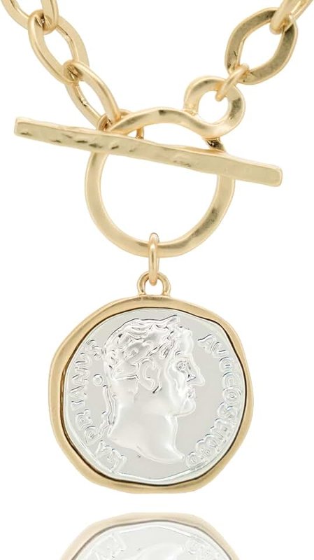 Husykam Chunky Coin Antique Gold Plated Thick Link Chain Layered Pendant Necklace for Women 18 Inch Trendy Toggle Chain Necklace Gift for Women