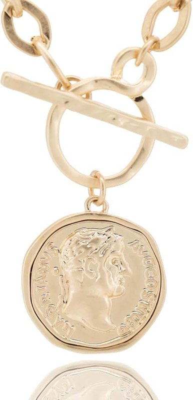 Husykam Chunky Coin Antique Gold Plated Thick Link Chain Layered Pendant Necklace for Women 18 Inch Trendy Toggle Chain Necklace Gift for Women