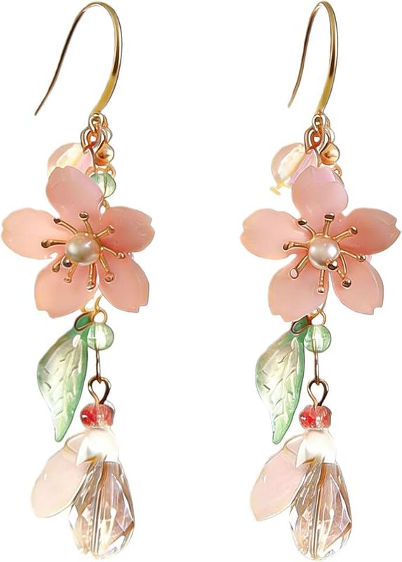fightingtoge Pink Flower Dangle Earrings for Women, Cherry Blossom Leaf Pearl Design, 2.75 inches, Fairy Boho Wedding Holiday Statement Earrings-fightingtoge
