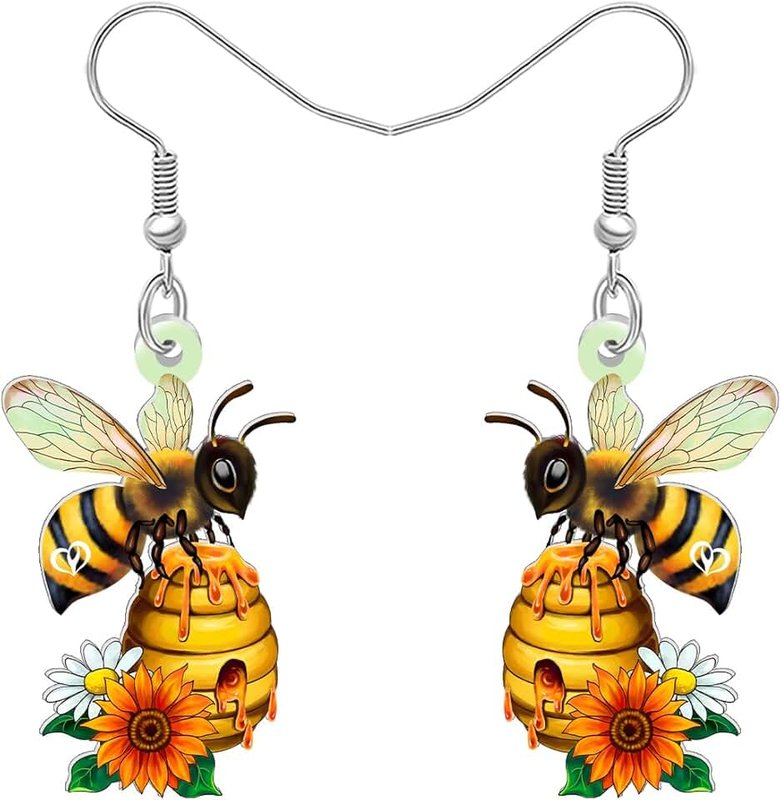 BONSNY Cute Orange Honey Bee Flower Dangle Earrings, Colorful Floral Design with Honey Jar, Funny Novelty Hypoallergenic Jewelry Gifts For Women Spring Summer Accessories