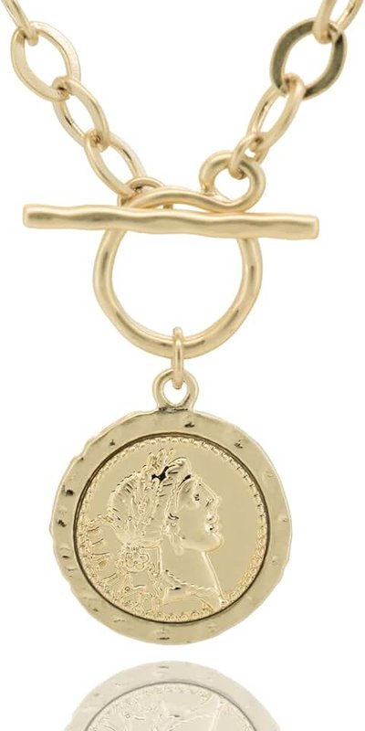 Husykam Chunky Coin Antique Gold Plated Thick Link Chain Layered Pendant Necklace for Women 18 Inch Trendy Toggle Chain Necklace Gift for Women