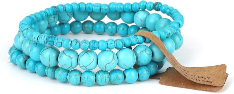 Mikovivi 3pcs Turquoise Bracelet, 3 Sizes Turquoise Beaded Bracelet Green Stone Fidget Jewelry Elastic Bead Chain for Women Men Friends Coworkers