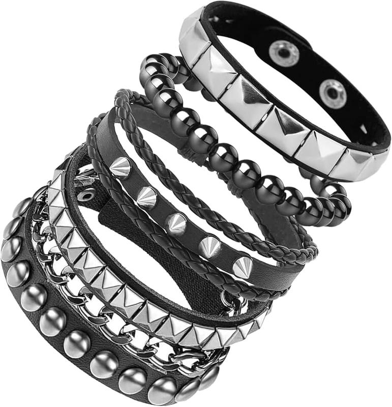 Aufordebatis 4 Pcs Leather Studded Bracelets for Women, Mens Spiked Punk Rock Grunge Cuff Wristbands Emo Accessories Set for 80s 90s Outfits