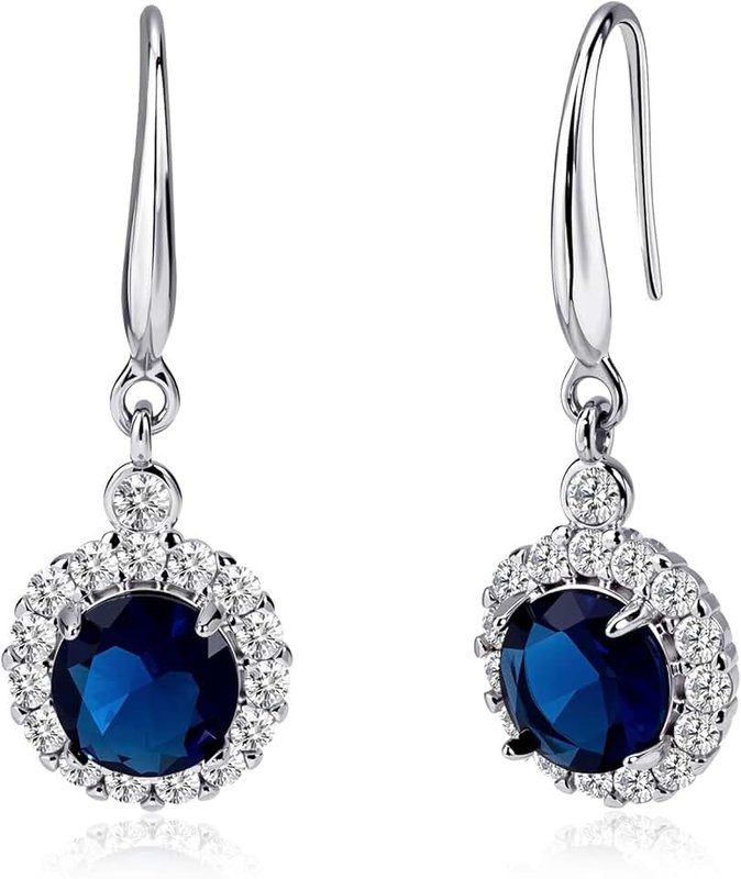 Desnuage Silver Round Sapphire Earrings Navy Blue Dangle Zircon Halo Drop Earrings for Women