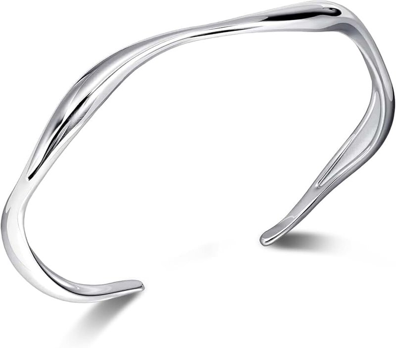 Desnuage Silver Wavy Cuff Bracelet - Adjustable Irregular Thin Bangle for Women