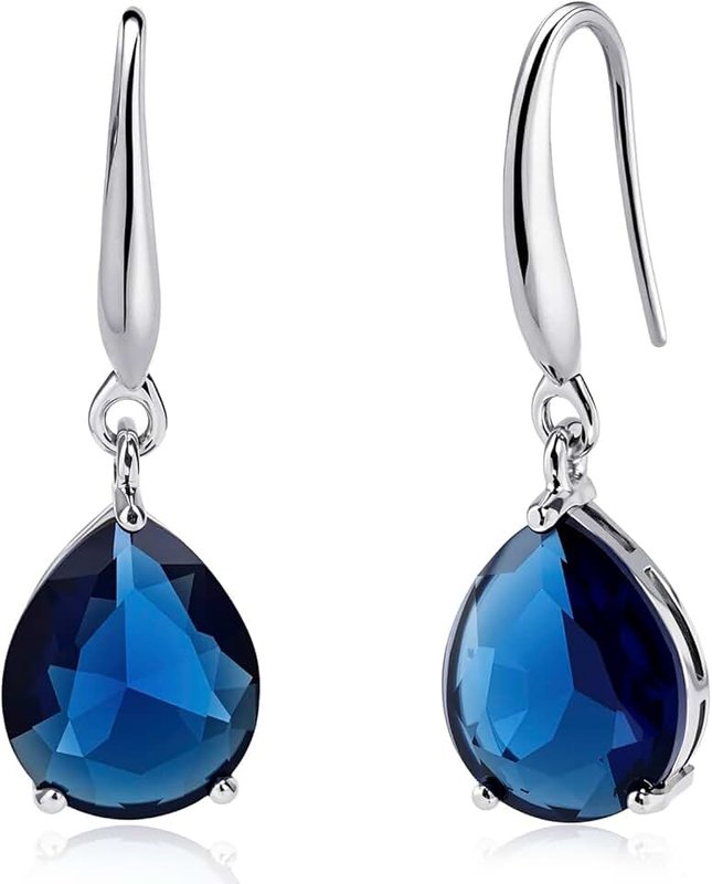 Desnuage Silver Teardrop Sapphire Earrings Navy Blue Dangle Drop Earrings for Women