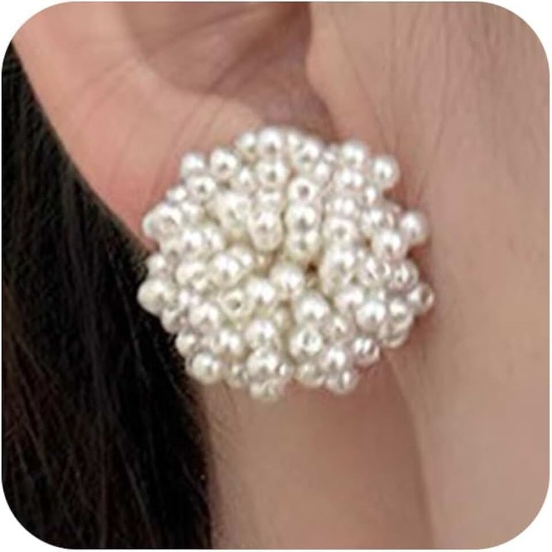Douxsu Statement Vintage Pearl Beads Cluster Stud Earrings for Women Dainty, Charm Boho Beaded Pearls White Big Round Ball Earring Y2k Party Prom Jewelry Gift