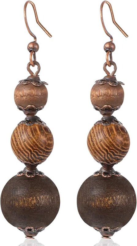 Ymapinc Brown Wooden Beaded Dangle Earrings for Women, Bohemian Boho Long Wood Bead Jewelry Vintage Ethnic Statement Earrings Lightweight Three Wooden Beaded Ball Dangle Boho Jewellery Gifts for Women