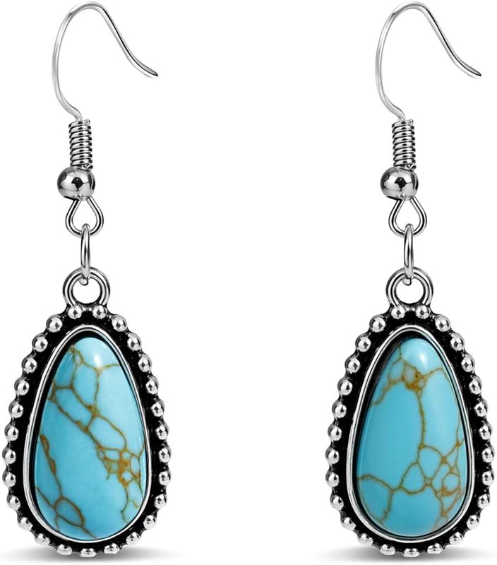 Teppdfann Turquoise Drop Dangle Earrings for Women – Silver Womens Dangle Earrings with Teardrop Turquoise Stone, Boho Western Jewelry for Gift
