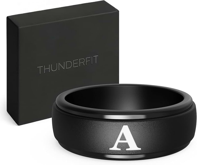 ThunderFit Black Silicone Initial Ring for Him - Personalized One Letter Wedding Rubber Band - Comfortable Fit - Unique Anniversary, Birthday Gifts for Men