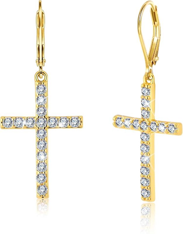 ALEXCRAFT 14K Gold Plated Cross Dangle Earrings for Women with Cubic Zirconia Sterling Silver Drop Earrings for Men Inlay Leverback Clasp Dainty Minimalist Hypoallergenic Dangling Earings