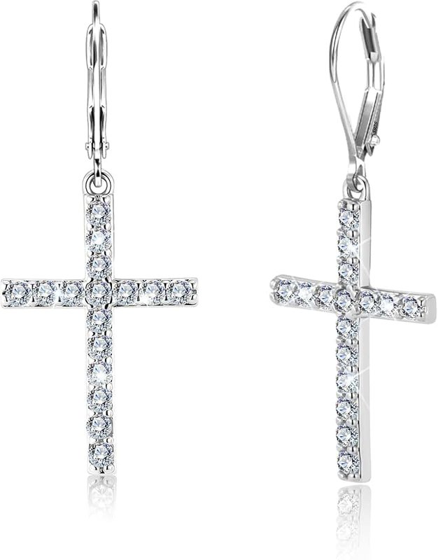 ALEXCRAFT 14K Gold Plated Cross Dangle Earrings for Women with Cubic Zirconia Sterling Silver Drop Earrings for Men Inlay Leverback Clasp Dainty Minimalist Hypoallergenic Dangling Earings
