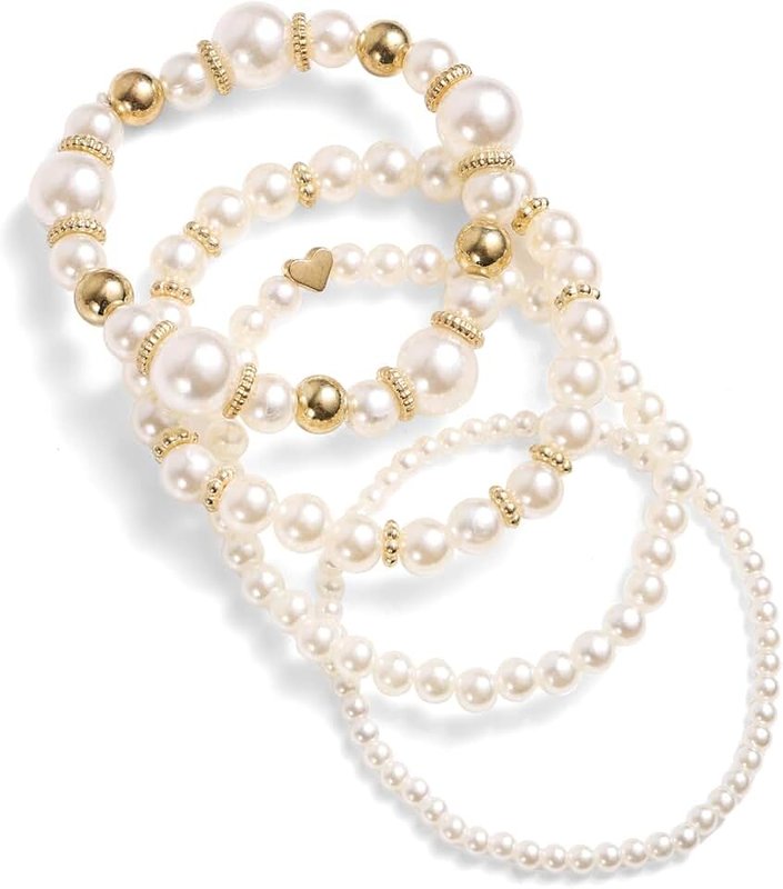 Mikovivi 4pcs Pearl Bracelets for Women, Multilayered White Simulated Pearl Beaded Bracelet Set Stackable Stretchy Dainty Bridal Jewelry with Heart Charms for Wedding Birthday Party