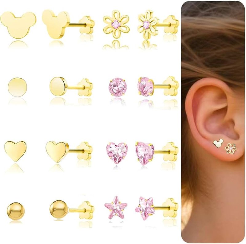 DAILI Hypoallergenic 14K Gold Earrings for Girls Women, Toddler Screw Back Baby Earrings for Sensitive Ears Silver Kids Earrings Cute Flower Heart Star Ball Dot Mouse Titanium Flat Back Stud Earring Sets