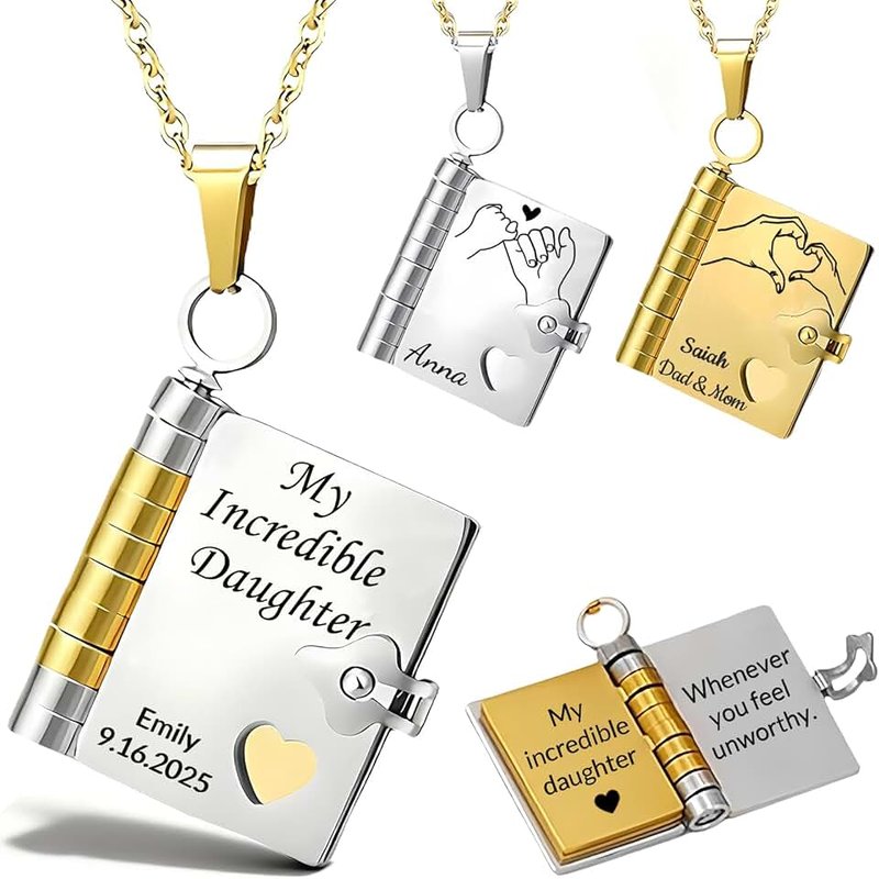 LIUBAI Personalized I Love You Book Necklace for Women,To My Daughter from Mom and Dad, Custom Engraved Necklace with Name Openable Multi Layer Book Jewelry with 6 Pages of Engraved Information