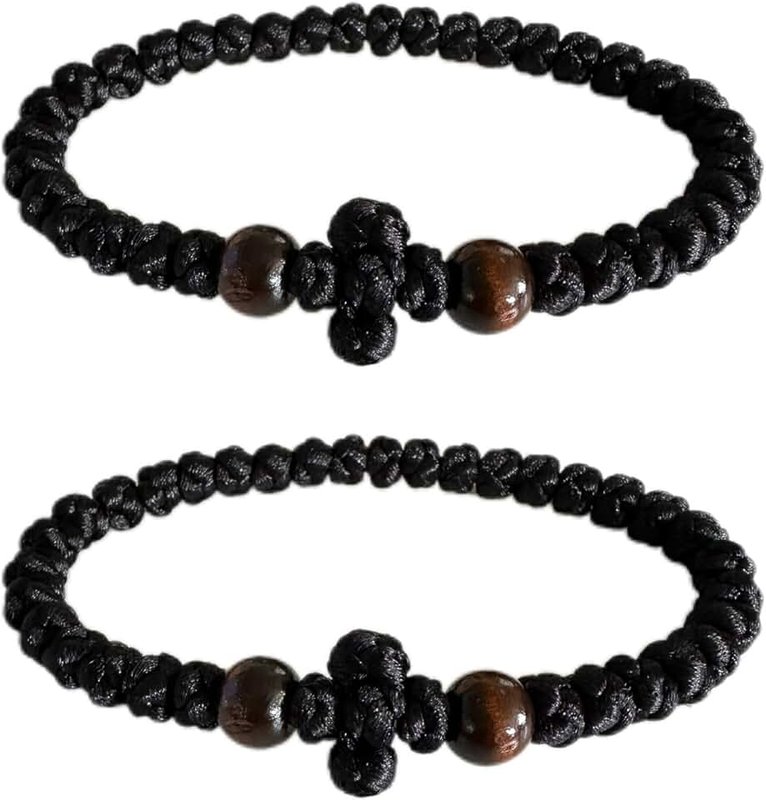 Bovemee Orthodox Prayer Rope Bracelet, 2-Pack Black Chotki Komboskini, Christian Prayer Beads with Cross
