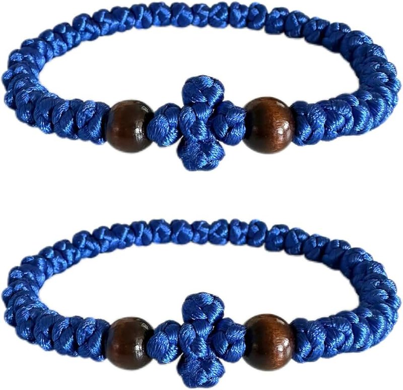 Bovemee Orthodox Prayer Rope Bracelet, 2-Pack Black Chotki Komboskini, Christian Prayer Beads with Cross
