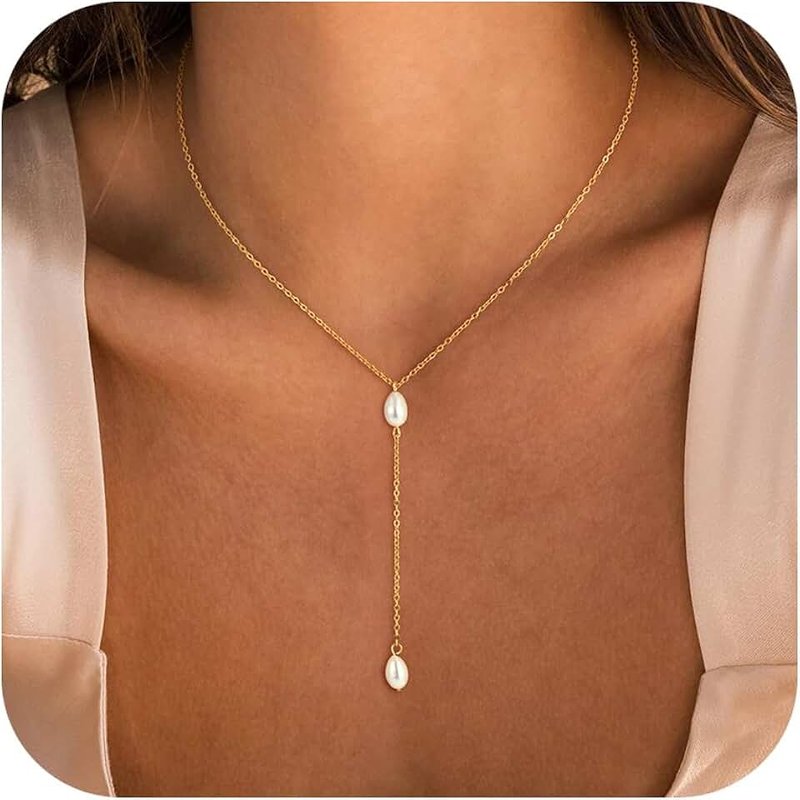 BLThing Pearl Necklaces for Women - 14K Gold Plated Y-Shaped Choker Necklace for Women, Gold Jewelry Beaded Necklace Gifts for Teens